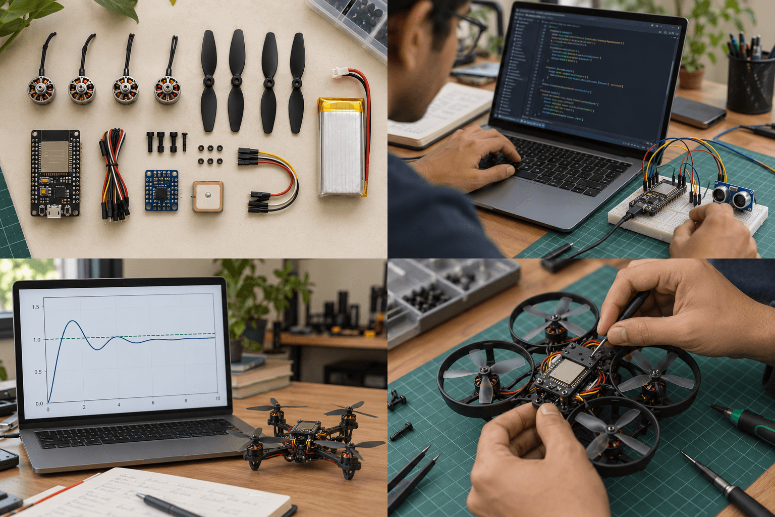 Illustrative learning scene: Hands assembling an educational ESP32 micro-drone on a workbench