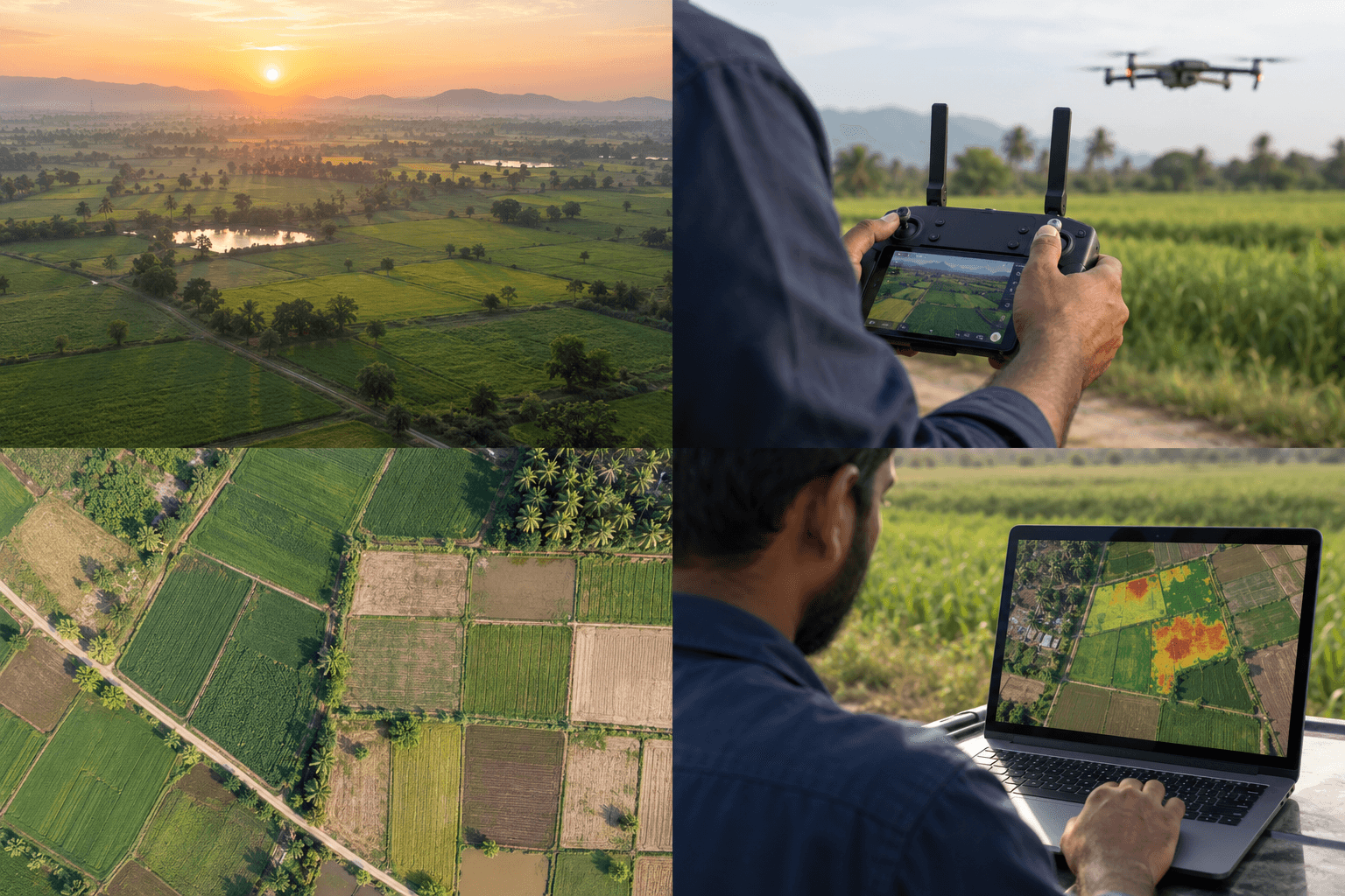 Illustrative scene: Aerial view of agricultural fields in soft morning light