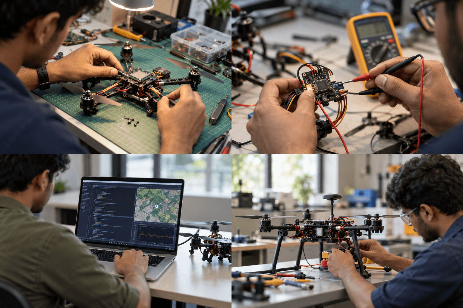 Illustrative learning scene: Hands inspecting a quadcopter on an electronics workbench